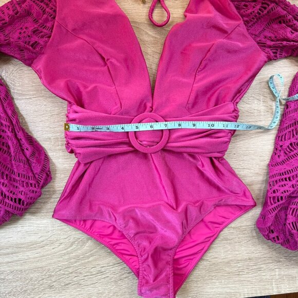 New PatBo Crochet Long Sleeve Plunge One Piece Swimsuit Swim V Neck Pink Magenta - Picture 10 of 15
